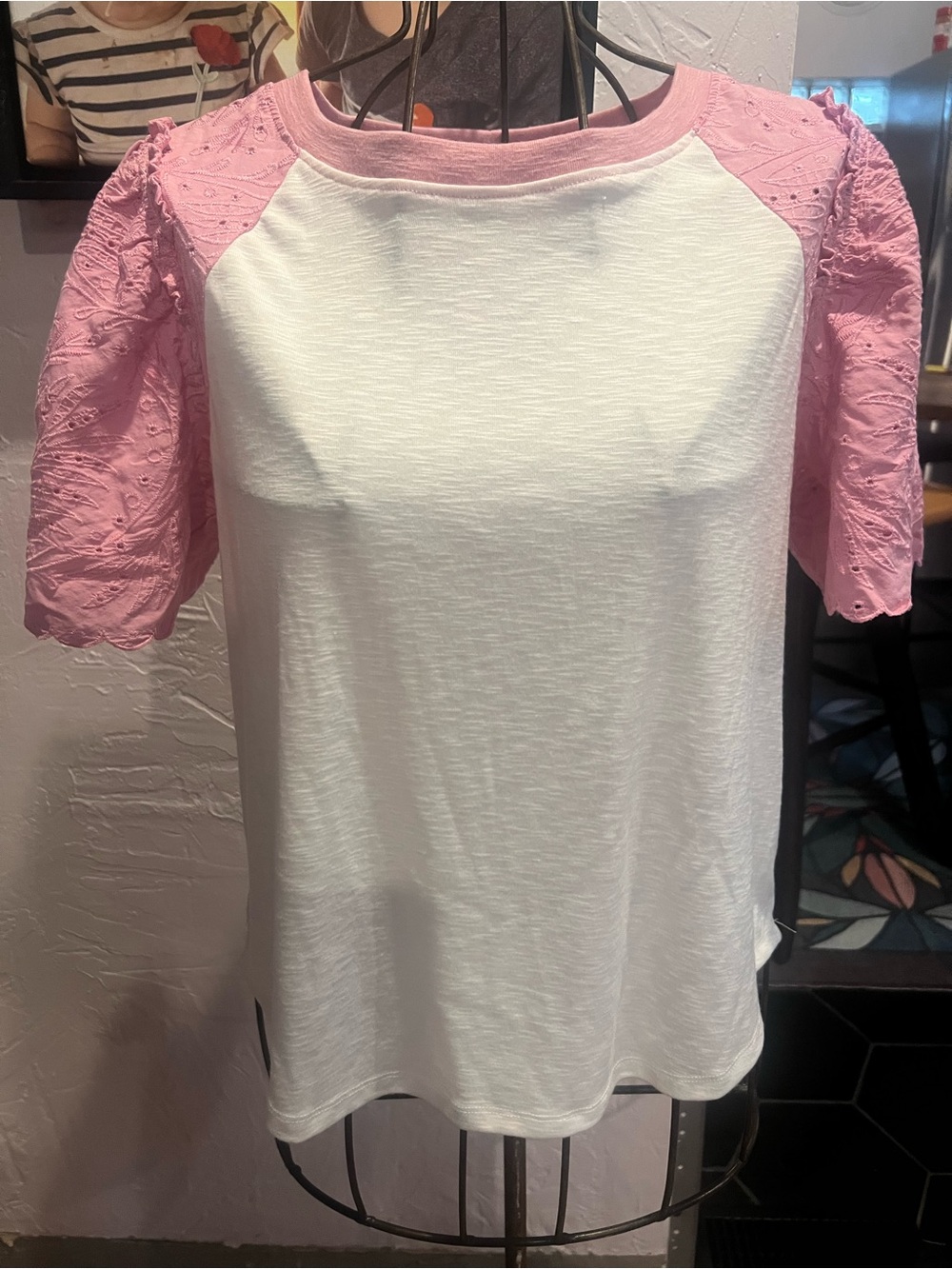 Democracy White Top with Pink Eyelet Raglan Sleeves